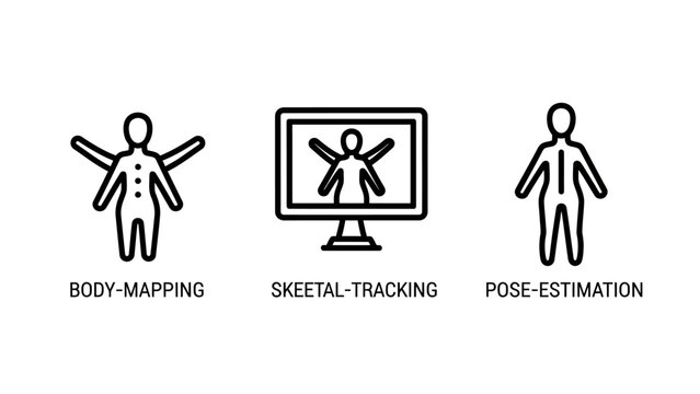 Human motion and movement recognition technology icons showing body mapping skeletal tracking and posture estimation with tracking skeletal estimation technology movement learning analysis
