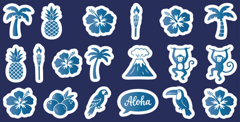 Set of tropical Hawaiian stickers with palm trees, pineapples, hibiscus flowers, and other island elements. © Riki