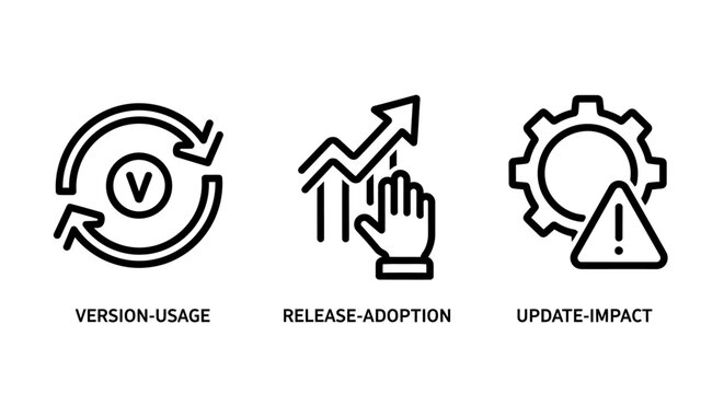 Software development life cycle line icons set representing version usage release adoption and update impact with software development adoption business technology management strategy planning