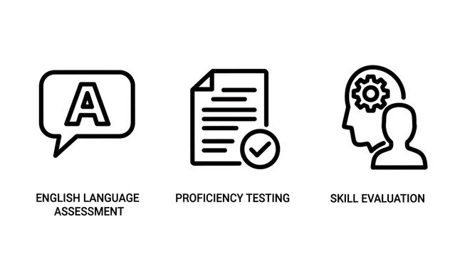 Educational assessment proficiency testing and skill evaluation icons with education assessment proficiency evaluation language document checklist learning qualification certification