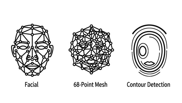 Facial recognition technology 68-point mesh and contour detection icons with recognition detection biometric technology security geometry analysis identity algorithm scanning computer