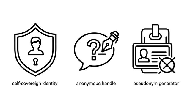 Set of identity protection and privacy line icons showing self-sovereign identity anonymous handle pseudonym generator with identity protection security anonymous pseudonym personal encryption