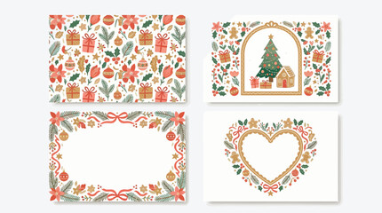 Four festive Christmas holiday card designs featuring patterns, frames, a tree, and gingerbread house. © Terra