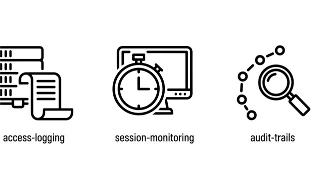 Digital infrastructure and system monitoring audit icons with infrastructure monitoring database security technology computer administration tracking analysis management information