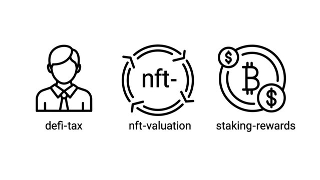 Finance icons for decentralized finance tax nft valuation and crypto staking rewards with valuation decentralized blockchain currency investment technology transaction portfolio business