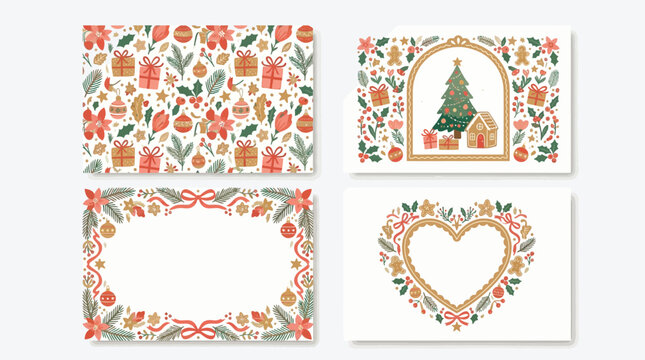 Four festive Christmas holiday card designs featuring patterns, frames, a tree, and gingerbread house.