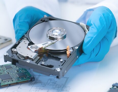 Technician Holding a Hard Drive in a Laboratory Environment for Data Recovery.
