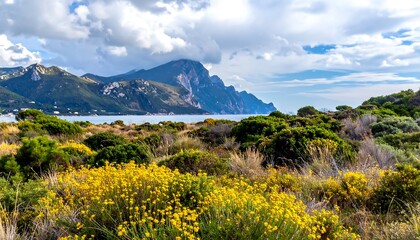 Fototapeta premium A serene landscape with yellow flowers and green bushes in the foreground, a body of water, and a mountain range under a cloudy sky