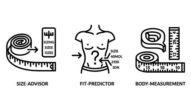 E-commerce body measurement and fit advisor tool icons with measurement shopping accurate clothing commerce analysis standard selection ecommerce experience management dimension inventory