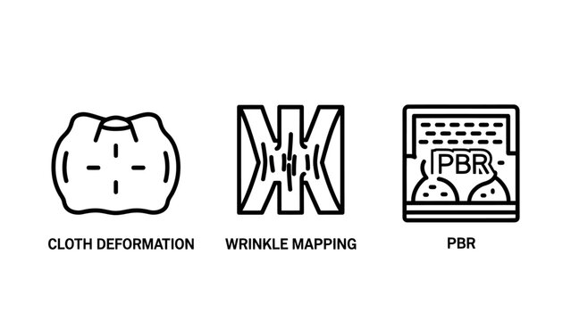 Textile and rendering concept icons illustrating cloth deformation wrinkle mapping and pbr with deformation rendering graphics modeling material simulation geometry creation computer software