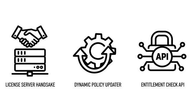 Set of server and api security icons representing infrastructure management with hardware security licensing infrastructure authentication protection connection technology computing developer