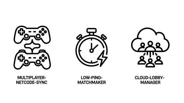 Set of online gaming infrastructure icons featuring multiplayer sync and matchmaking multiplayer matchmaking controller software development infrastructure gameplay technology interface
