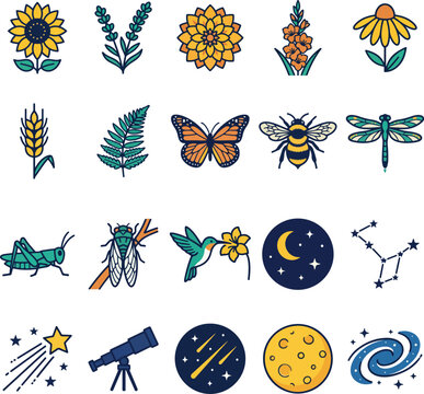 A vibrant collection of nature-inspired vector illustrations featuring flowers, leaves, insects, moon phases, stars, constellations, a telescope, and celestial elements in a bright, cheerful