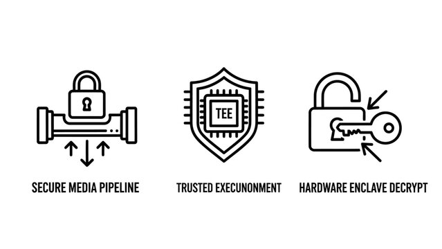 Secure data infrastructure and hardware security icon set with security encryption hardware pipeline protection technology cybersecurity information infrastructure environment computing