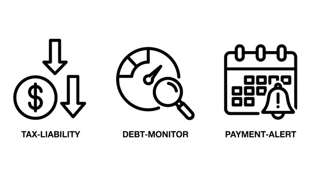 Set of financial tracking icons representing tax liability debt monitoring and payment alerts with liability monitoring accounting calendar deadline magnifying business financial management