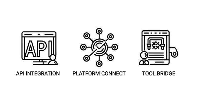 Api integration and digital platform connection infographic line icons with integration platform connection software development technology interface programming communication transfer