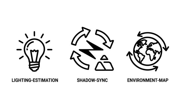 Computer graphics and 3D rendering technical concepts line icons with lighting estimation environment graphics rendering technology computer rotation technical development software creative