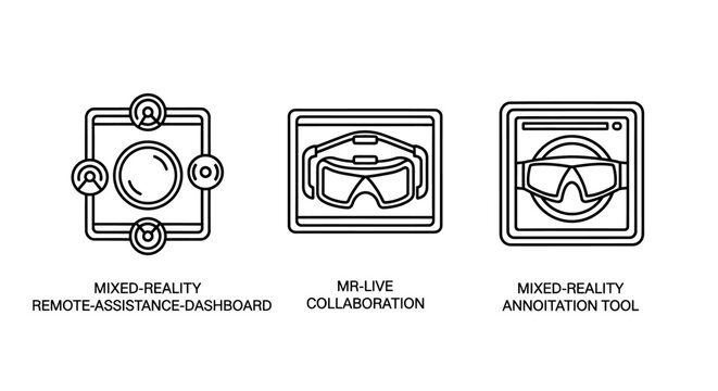 Mixed reality remote assistance and virtual collaboration technology icons with assistance dashboard collaboration annotation technology augmented interface communication interaction training