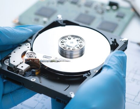 Technician Holding Disassembled Hard Drive with Protective Gloves for Repair.