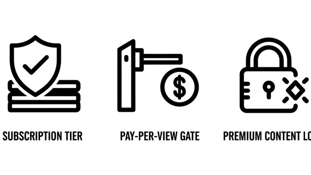 Subscription and pay-per-view content access icons with subscription security membership protected business restricted protection transaction commerce monetization exclusive gatekeeper