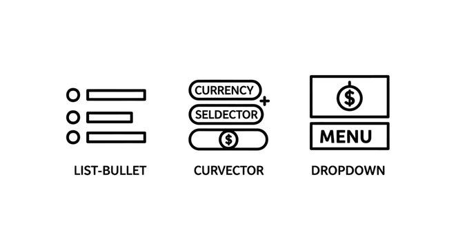 Set of UI menu dropdown and selector icons with navigation menu web design user interface dropdown selector currency interface navigation components software applications technical
