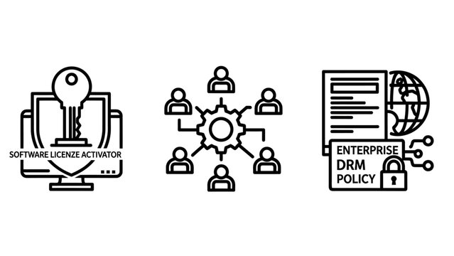 Data protection and enterprise information management line icons with protection enterprise information security management corporate organization collaboration business technology strategy