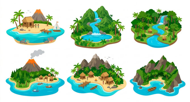 Tropical island landscape vector pack with volcano waterfall and hut scenes