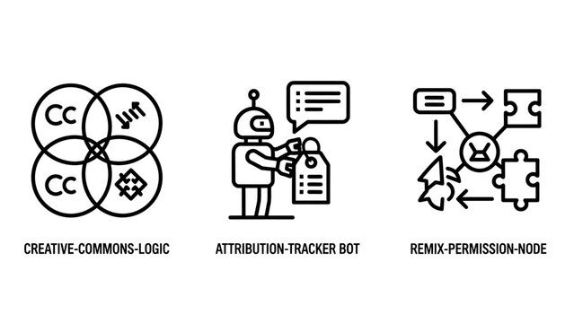 Creative commons logic and attribution tracker icons with attribution creative permission copyright intellectual property compliance automation technology software connections information