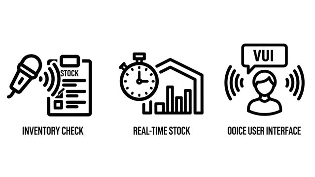 Inventory management and voice user interface icon set with inventory interface logistics tracking management warehouse microphone recording analysis realtime business automation software