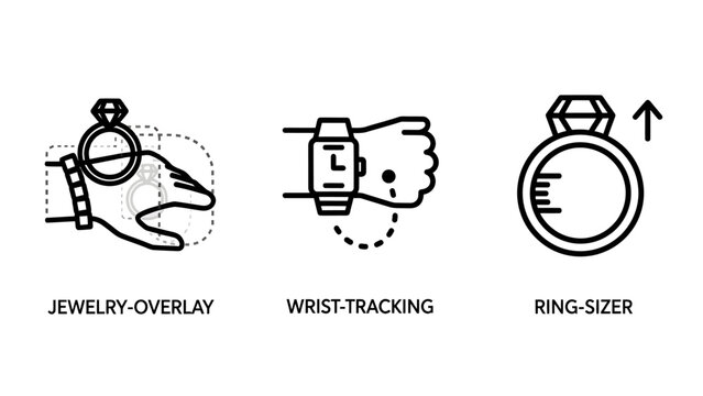 Augmented reality jewelry overlay and wrist tracking tools with ring sizing icon set e commerce try on tracking augmented shopping technology measurement interactive experience e-commerce