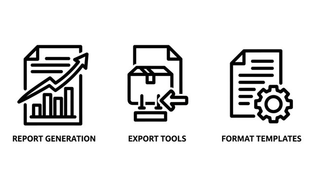 Document management and report generation line icons with document generation template analysis business delivery shipping settings configuration optimization management workflow software