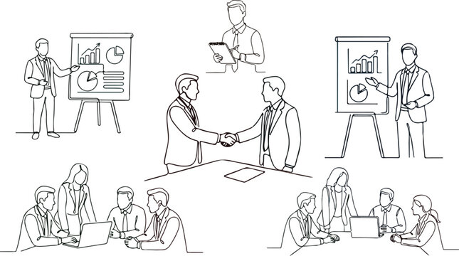 Flat cartoon Business people team working set in continuous line art style with handshake meeting presentation and collaboration elements vector illustration.