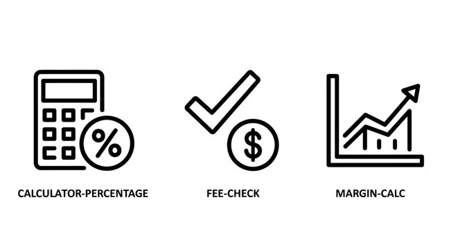 Set of linear finance icons featuring calculator percentage fee check and margin calculation calculator percentage calculation business accounting investment analysis statistics commerce