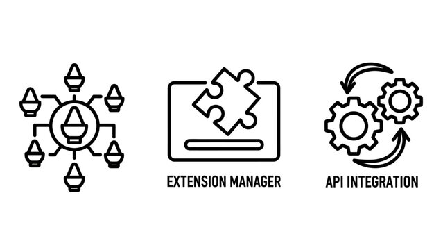 Technical connectivity icons representing central node extension manager and api integration with extension integration connectivity technology software development settings infrastructure