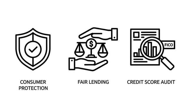 Consumer protection fair lending and credit score audit icons with consumer protection document magnifying compliance investment financial analysis security regulations business stability