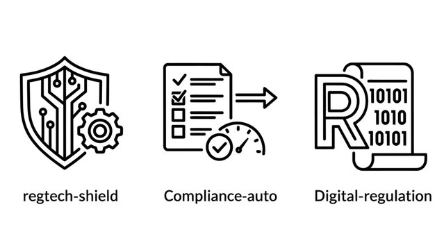 Regulatory technology and automated compliance icons with compliance automation regulation technology checklist security governance monitoring software document efficiency standard
