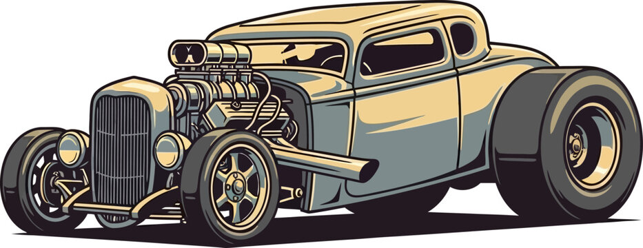 Classic Hot Rod Custom Car Blower Engine Vector Illustration 