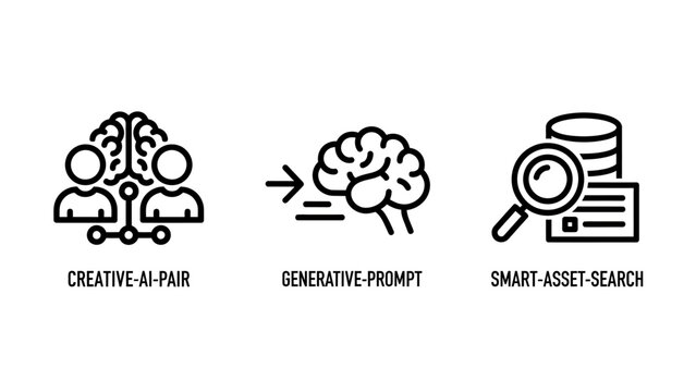 Artificial intelligence concepts line icon set including creative AI pairing generative prompting smart asset search tools magnifying glass digital asset artificial intelligence creative