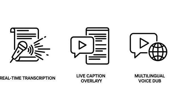 Real-time media processing line icon set including transcription live caption overlay multilingual voice dubbing tools communication tool translation service speech to text transcription
