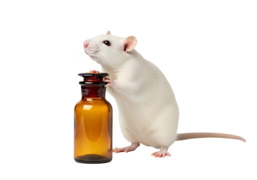 White laboratory rat with amber pharmaceutical bottle medical research