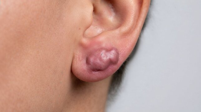 Close-up of a keloid scar on earlobe after ear piercing  