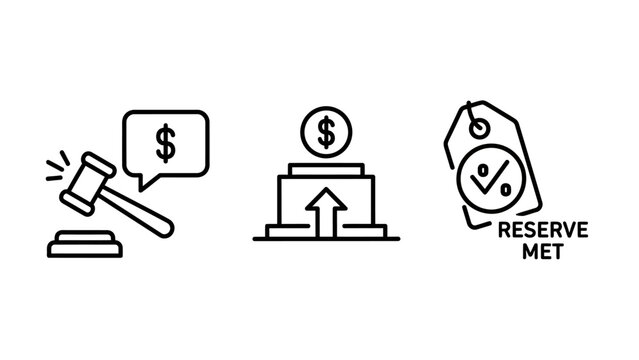 Finance and auction concept icons featuring bidding gavel dollar sign growth chart and reserve price tag investment business transaction commerce financial management illustration percentage