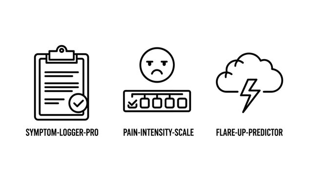 Health tracking and symptom management icons featuring log pad pain scale and flare up weather predictor intensity predictor tracking wellness dashboard clinical analysis condition discomfort
