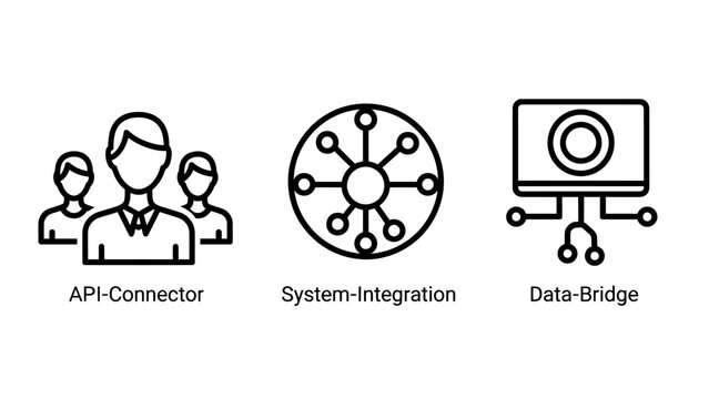 System integration data bridge and api connector conceptual line icons with back end web service integration connector technology connection communication software interface development