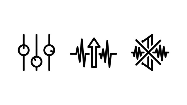 Set of three digital signal processing and sound audio waveform line icons for music technology interface with waveform processing settings equalizer frequency interface controls amplitude