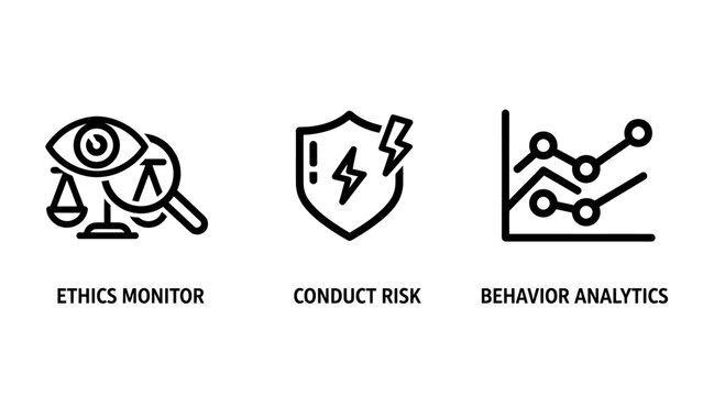 Business ethics monitor and risk analysis behavior analytics line icons for corporate management with analytics behavior business compliance analysis corporate management security protection
