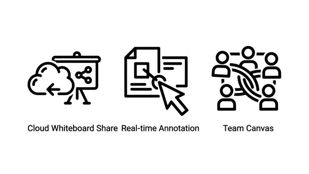 Cloud whiteboard annotation and collaborative team canvas digital workspace line icon set with whiteboard annotation collaboration workplace interface business management communication