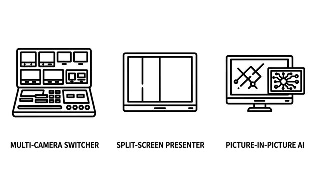 Production and broadcast technology icons set with broadcast production switcher multicam presenter technology television streaming artificial intelligence broadcasting transmission