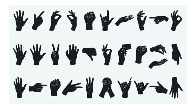 Black hand gestures silhouette set, 30 human hand signs and finger positions vector, diverse communication symbols and non-verbal language icons