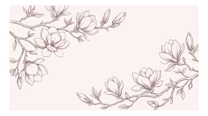 Vintage magnolia flower line art vector, elegant floral branch sketch on beige background, botanical blossom border for wedding invitation © HayeGareebi